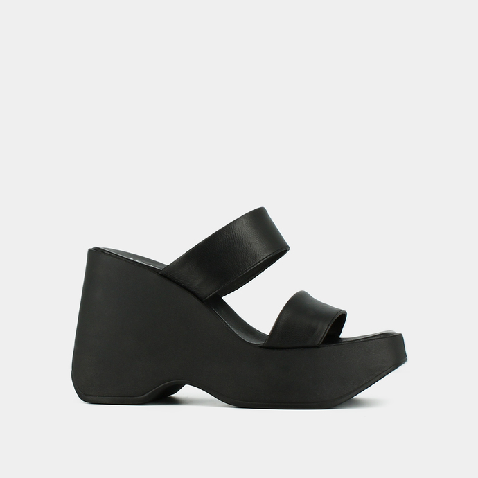 Mules compensées à brides  en cuir noir