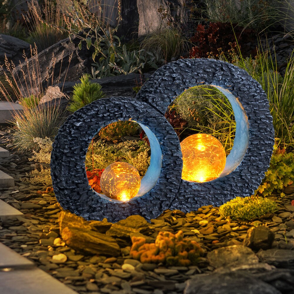 LED Solarleuchte, Stein-Optik, silber-blau, Feuereffekt, L 36 cm