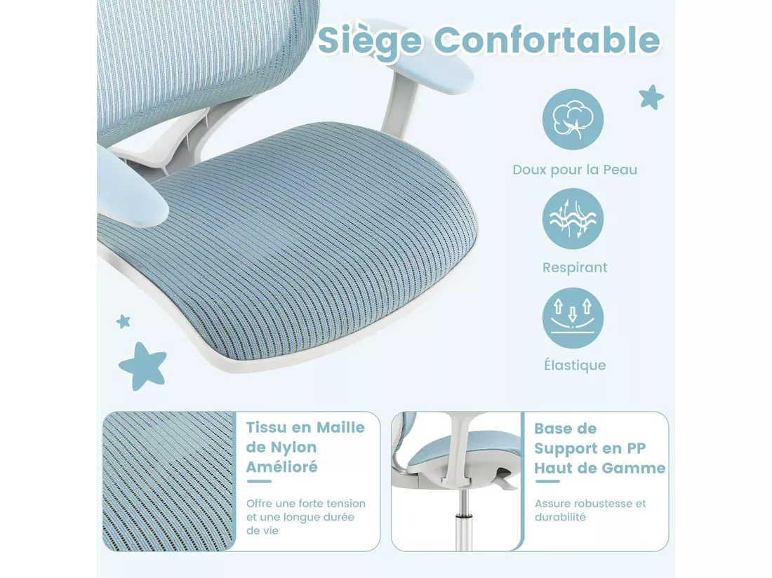 Chaise de Bureau Pivotante Enfants avec Hauteur Réglable 80-92cm, Siège à roulettes Enfants avec Dossier & Accoudoirs Ergonomique, Verrouillage Automatique, Charge 75kg pour 6-15 Ans
