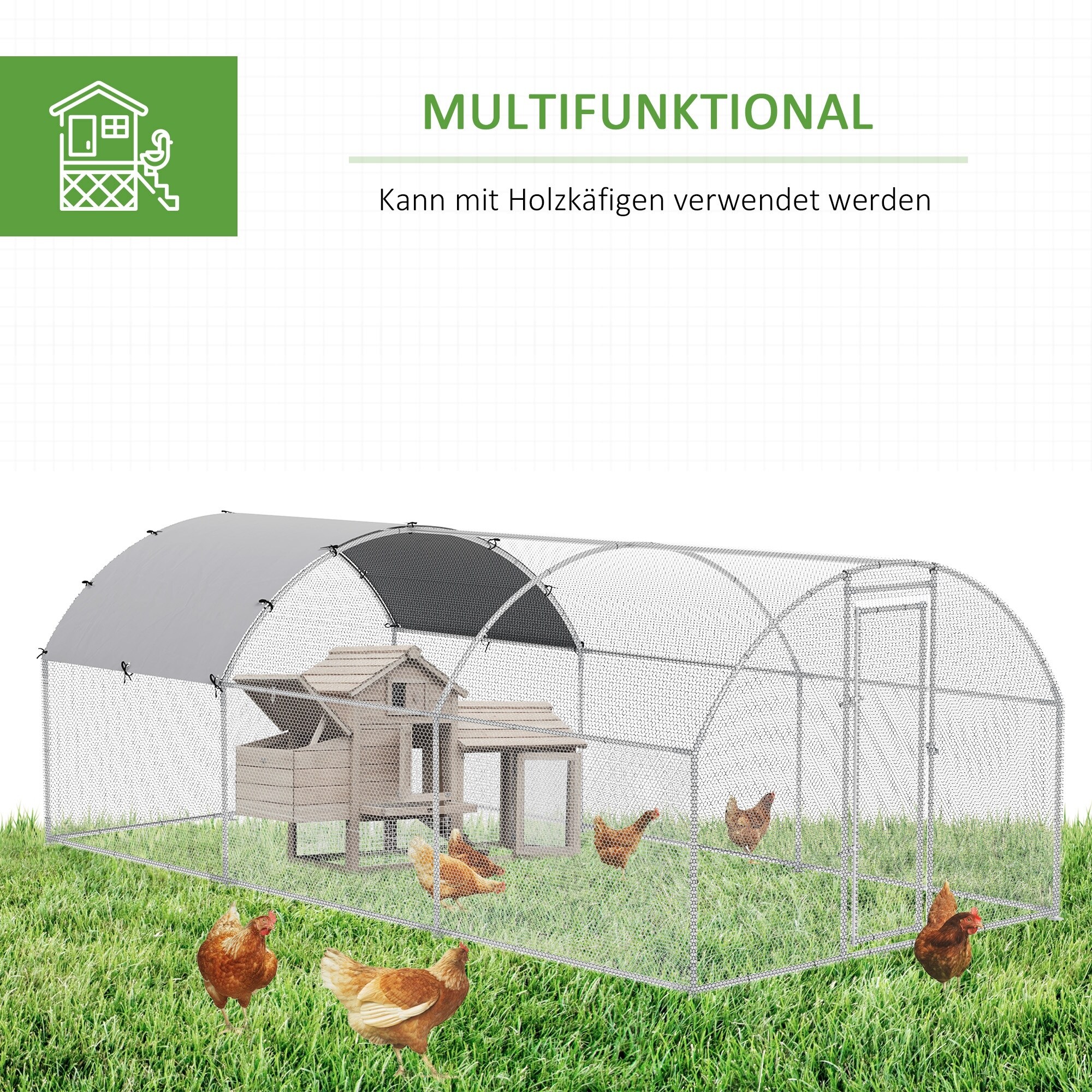PawHut Kleintierstall mit Schatten Dach silber 280L x 570B x 197H cm