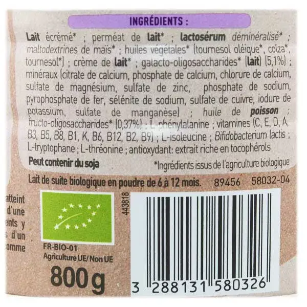 Leite infantil orgânico Babybio Optima 2ª etapa 800g