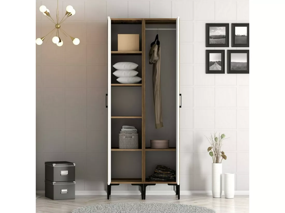 Garde-robe 2 portes Dbenkovi, Meubles de chambre, Penderie de plain-pied, Placard à vêtements, 80x201h48 cm, Noyer et Blanc