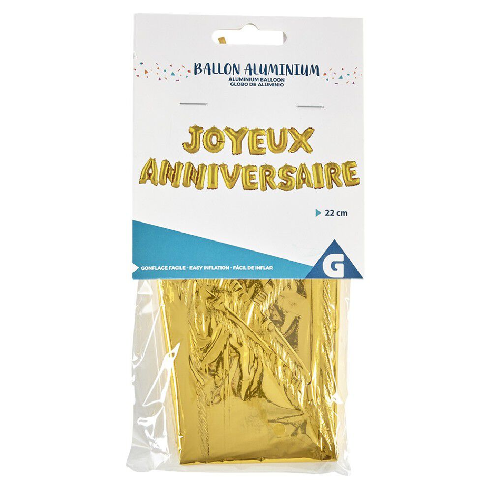 Ballon JOYEUX ANNIVERSAIRE en aluminium doré/argenté