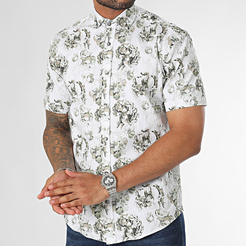 Chemise Manches Courtes Blanc Vert Kaki Floral
