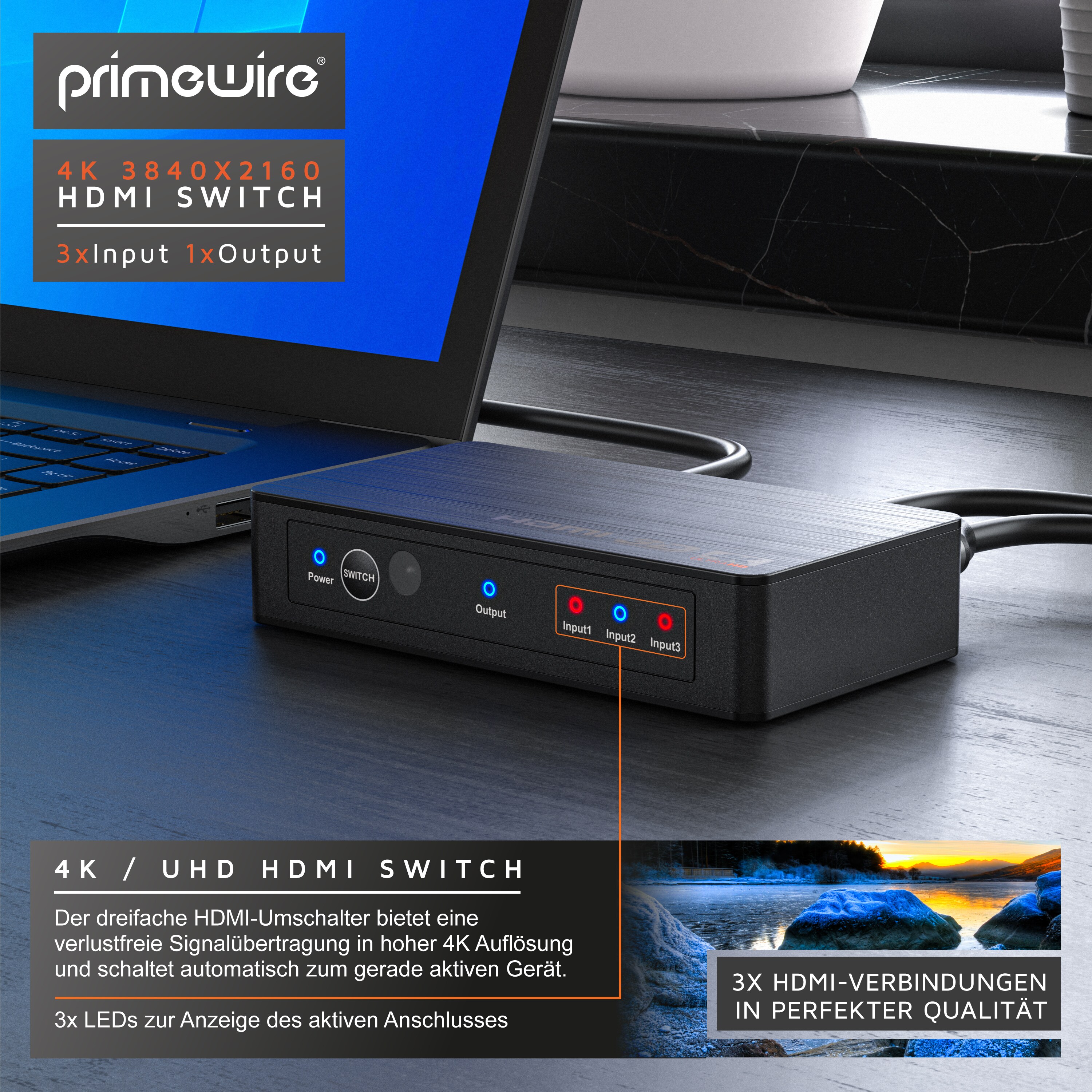 Primewire HDMI 2.0b Verteiler 4k 60Hz UHD, 3 Port, Fernbedienung, Netzteil