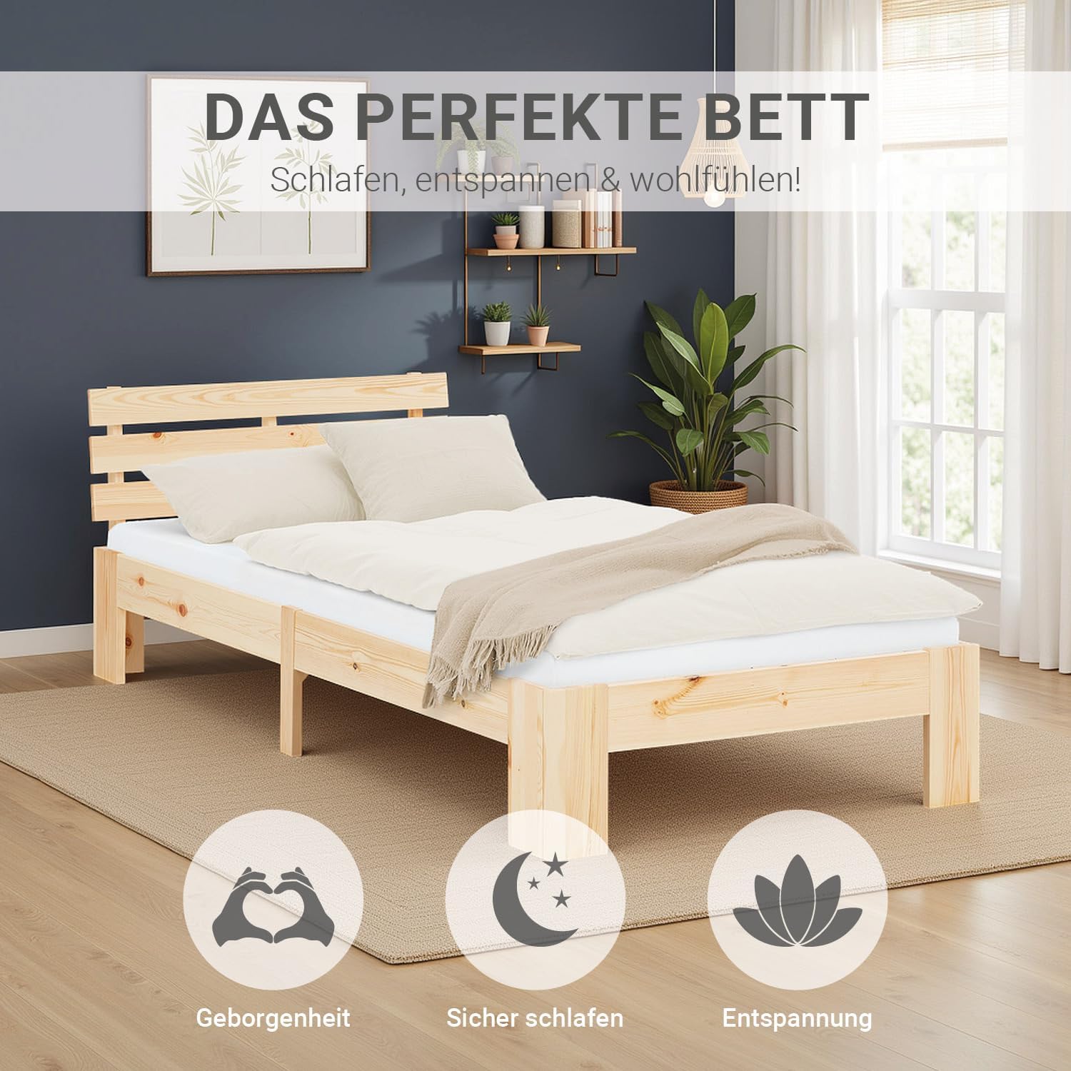 Homestyle4u 2191, Massivholzbett 90x200 mit Lattenrost Holzbett Natur Kiefer Holz Bett Bettgestell Einzelbett