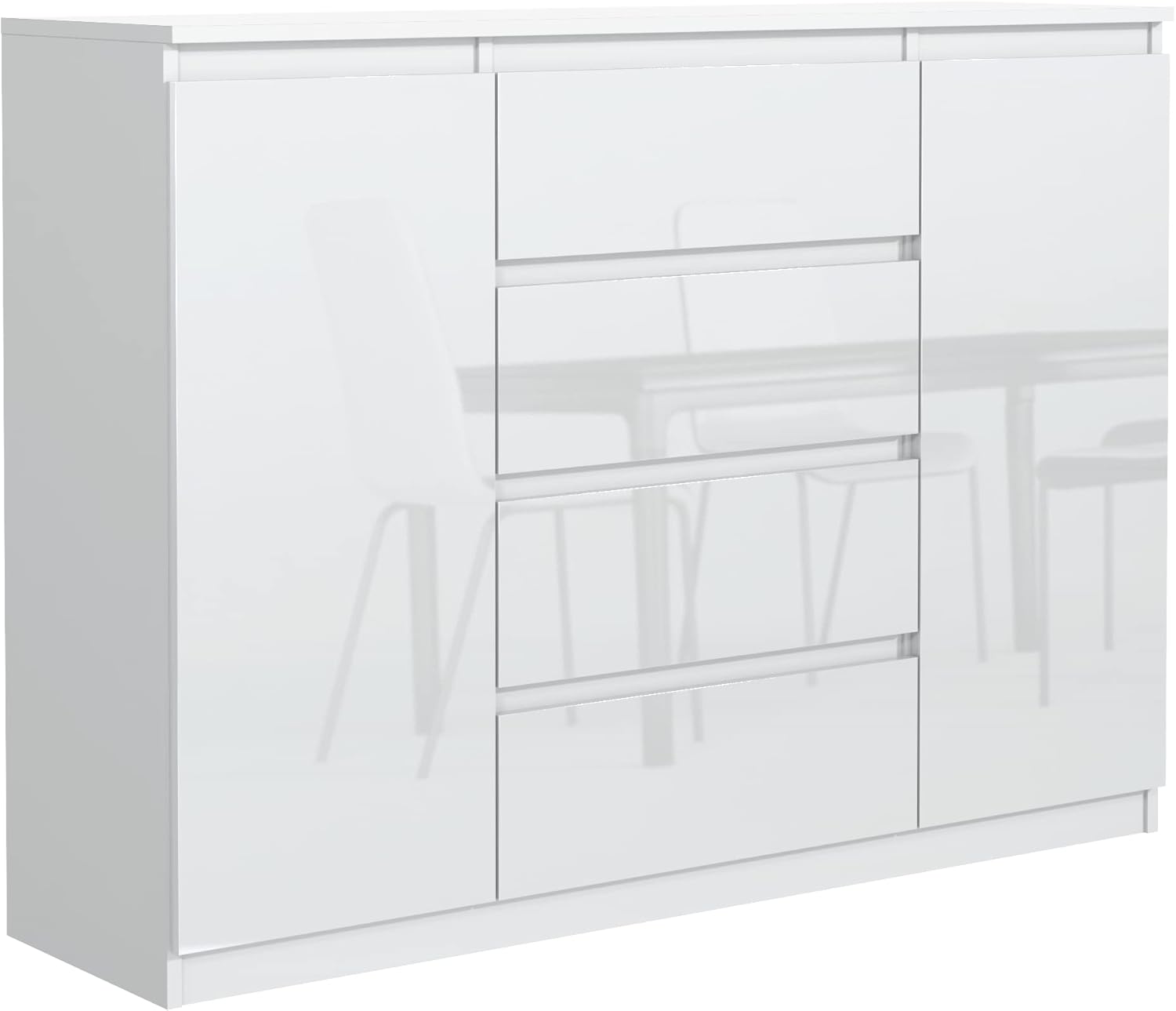 meble masztalerz Kommode mit 4 Schubladen und 2 Türen 140 cm, Sideboard Wohnzimmer, Schlafzimmer H: 101,5 cm, B: 138,6 cm, T: 39 cm Kommode mit Schubladen, Schubladenschrank (Weiss Hochglanz)