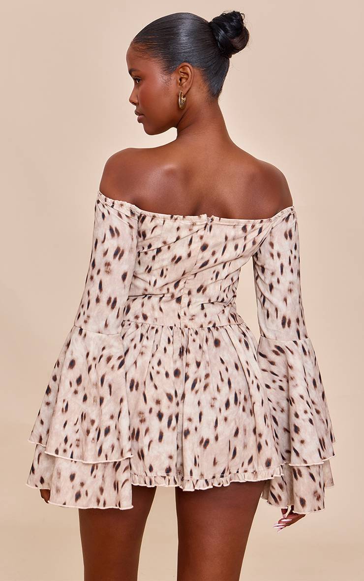 Marron Combinaison-short À Motifs Abstraits Col Bardot Et Manches Évasées