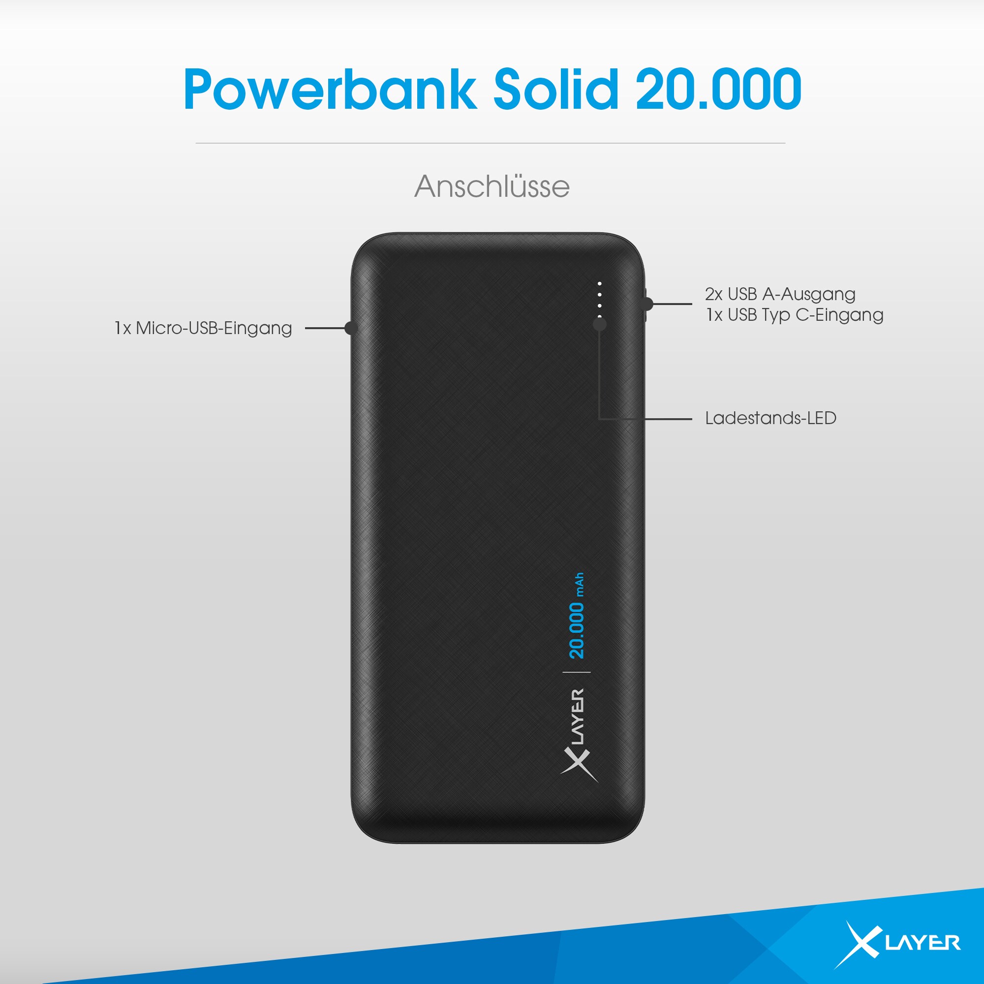Xlayer POWERBANKS Powerbank Solid 20000 mAh Akku schnelles Aufladen externes Ladegerät