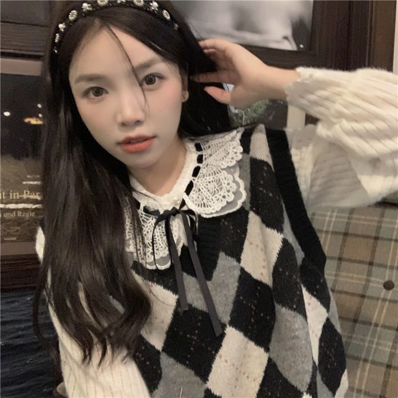 Malrowe - Blouse met lange mouwen, kanten kraag en strik / V-hals Argyle trui/vest