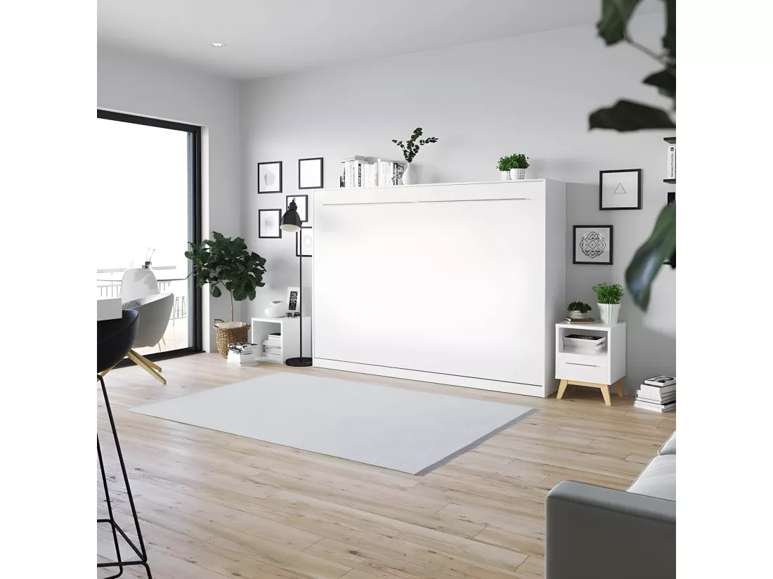 Armoire Lit escamotable 140x200cm Supérieur Horizontal Lit Rabattable Lit Mural Blanc/blanc