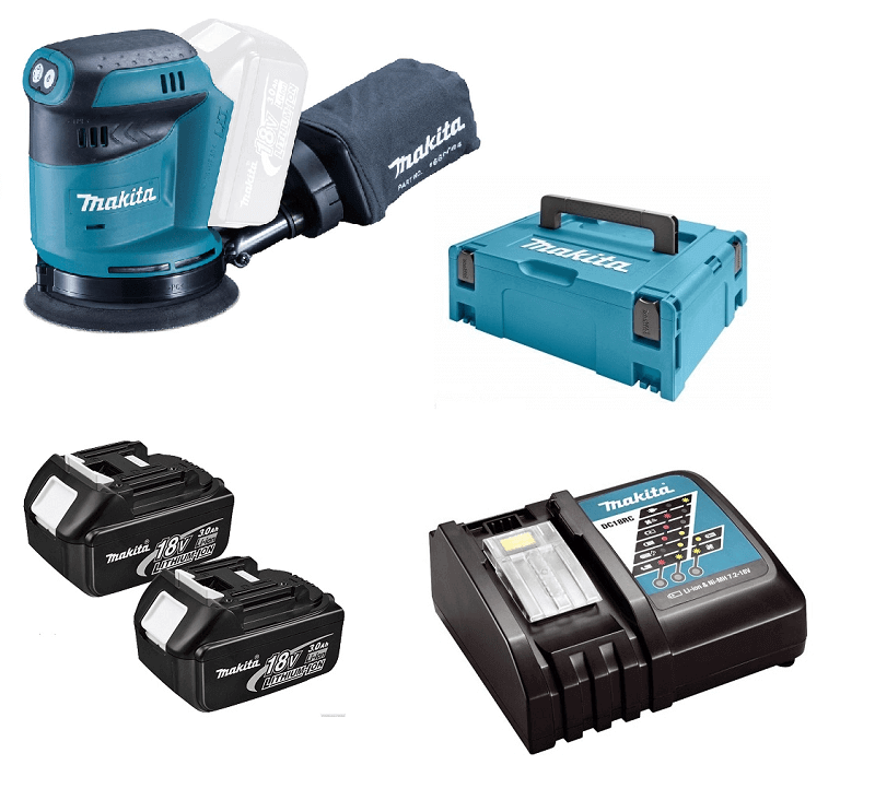 Makita DBO180RFJ 18V Li-ion accu excentrische schuurmachine set (2x3.0Ah) in Mbox - 125mm