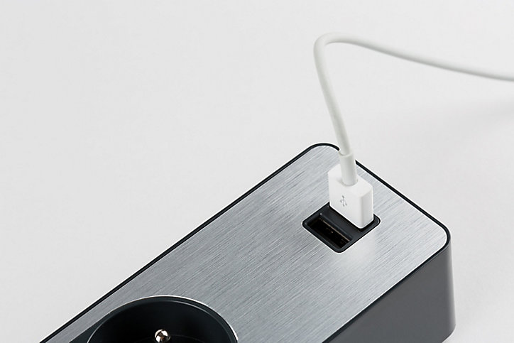 Multiprise 3 prises + 2 usb Schneider Electric Odace anthracite finition aluminium brossé 1.5 m