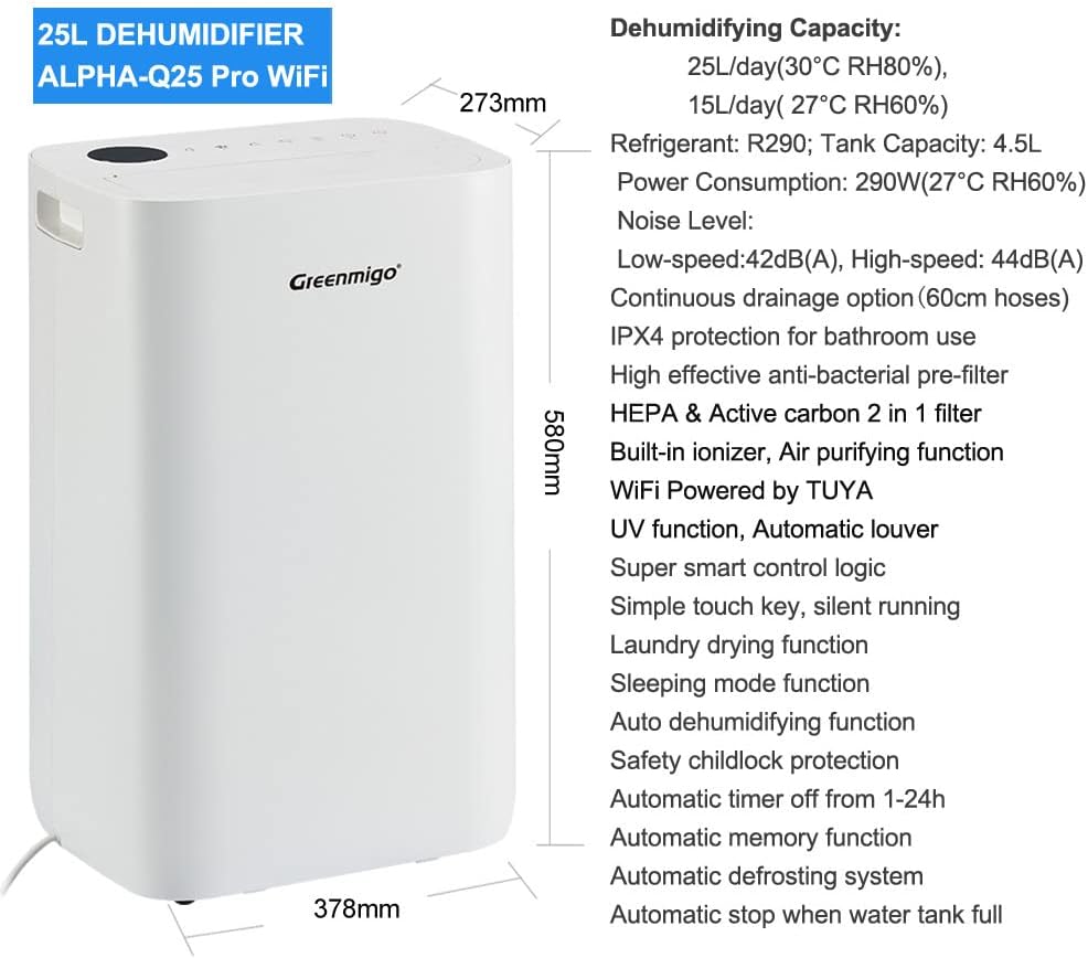 25L WiFi Luftentfeuchter mit Fernsteuerung,Ionisator,HEPA-Filter,Aktivkohlefilter,Raumentfeuchter Entfeuchter bis 70m²,4.5L Wassertank,Digitaler Feuchtigkeitsanzeige,Timer ALPHA-Q25 Pro WiFi