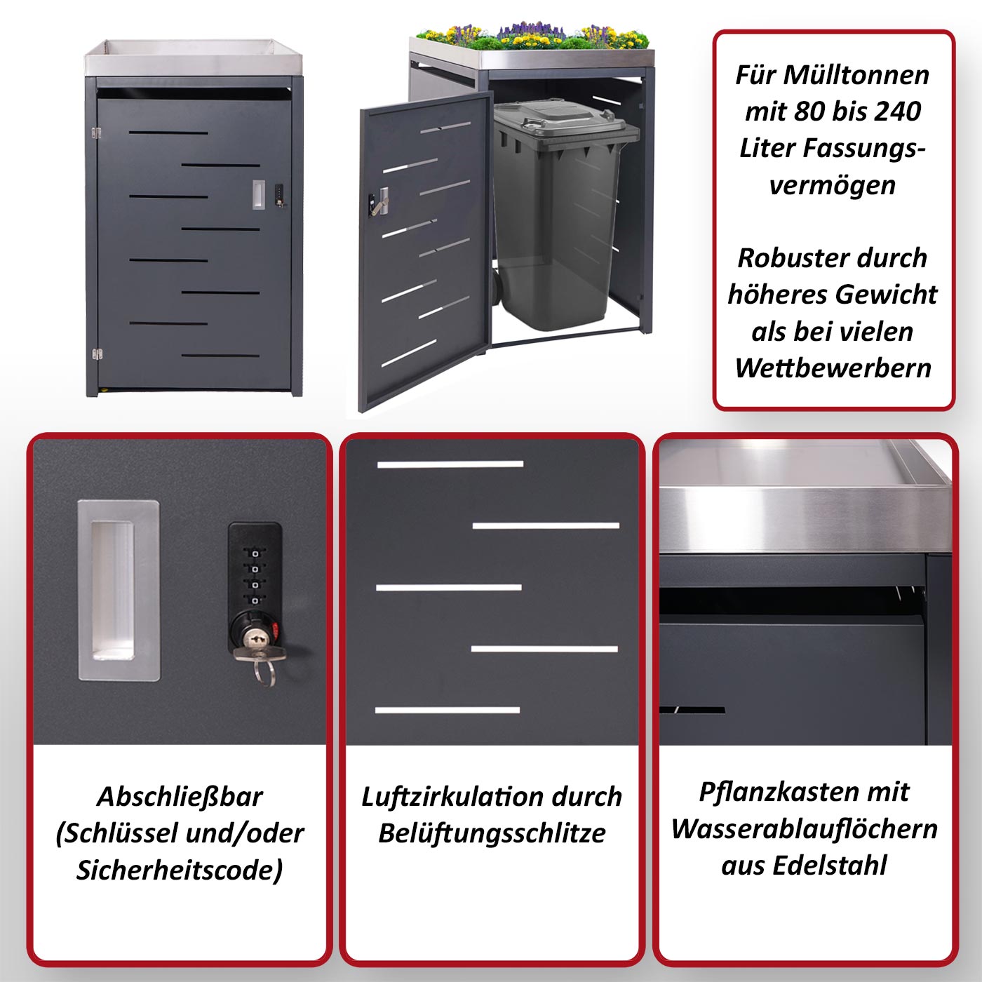 1er-Mülltonnenverkleidung MCW-H40, Mülltonnenbox, Pflanzkasten Edelstahl-Metall-Kombi 35kg 125x69x84cm erweiterbar