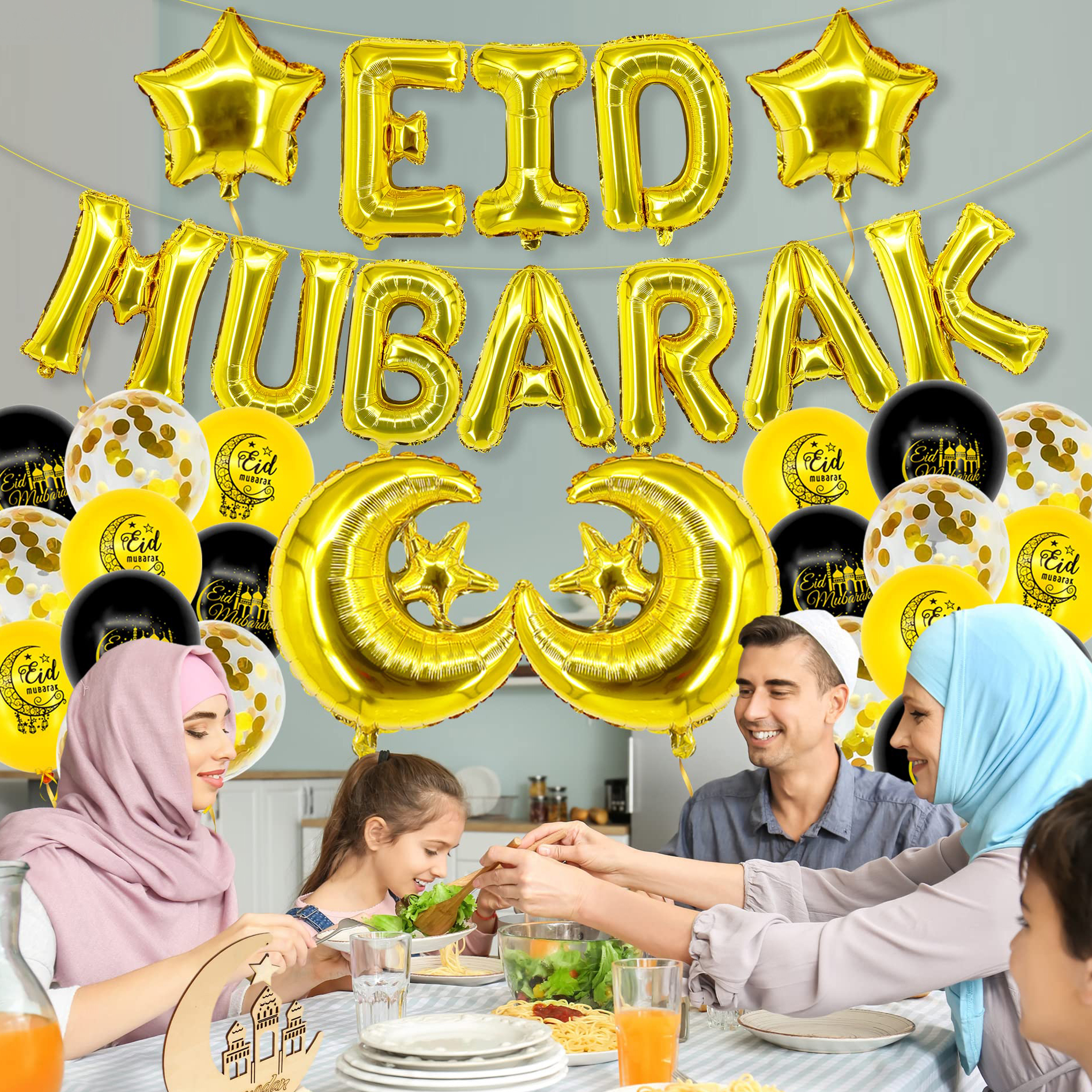 (26-tlg. Set) Ramadan Ballon Girlande Eid Mubarak Party Deko   Latex- & Folien Luftballons - Gold / Schwarz