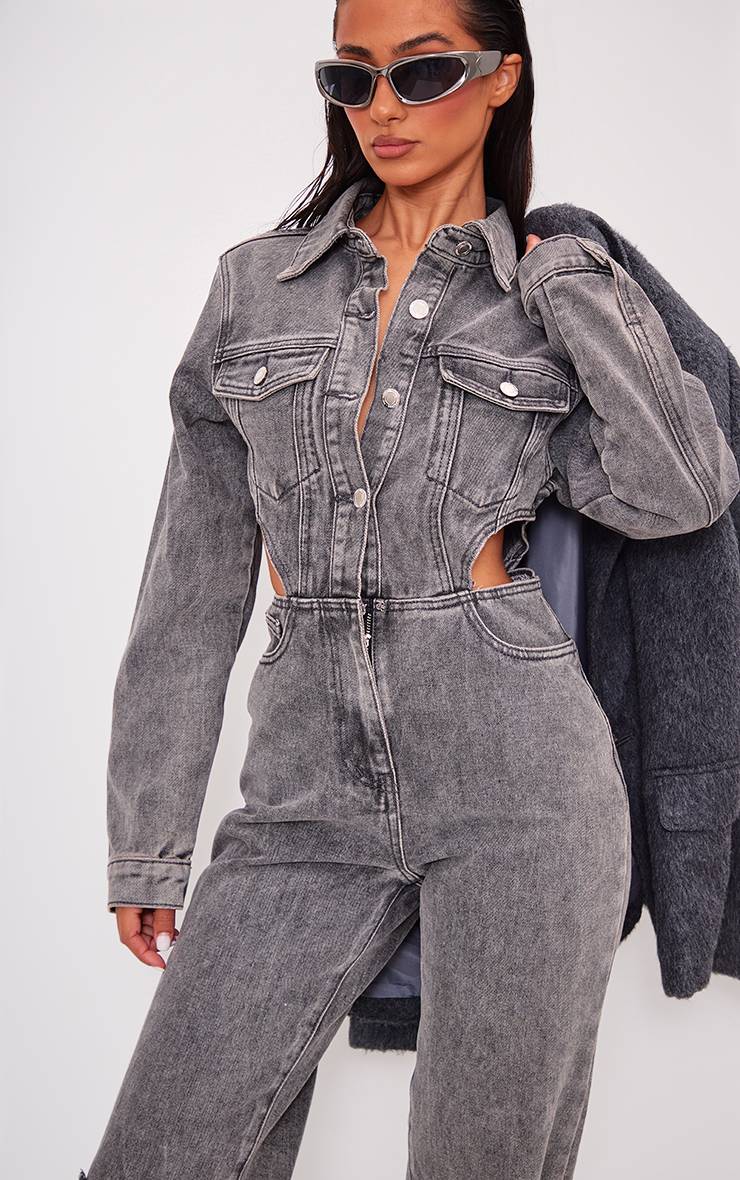 Washed Grey Combinaison En Denim À Découpes Petite Taille