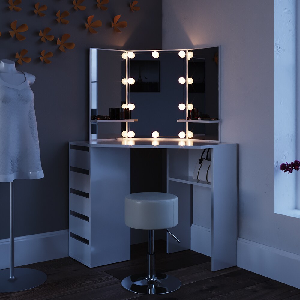 Vicco Eckschminktisch Arielle Kosmetiktisch Frisiertisch Schminktisch Weiß inklusive Sitzhocker und LED-Lichterkette