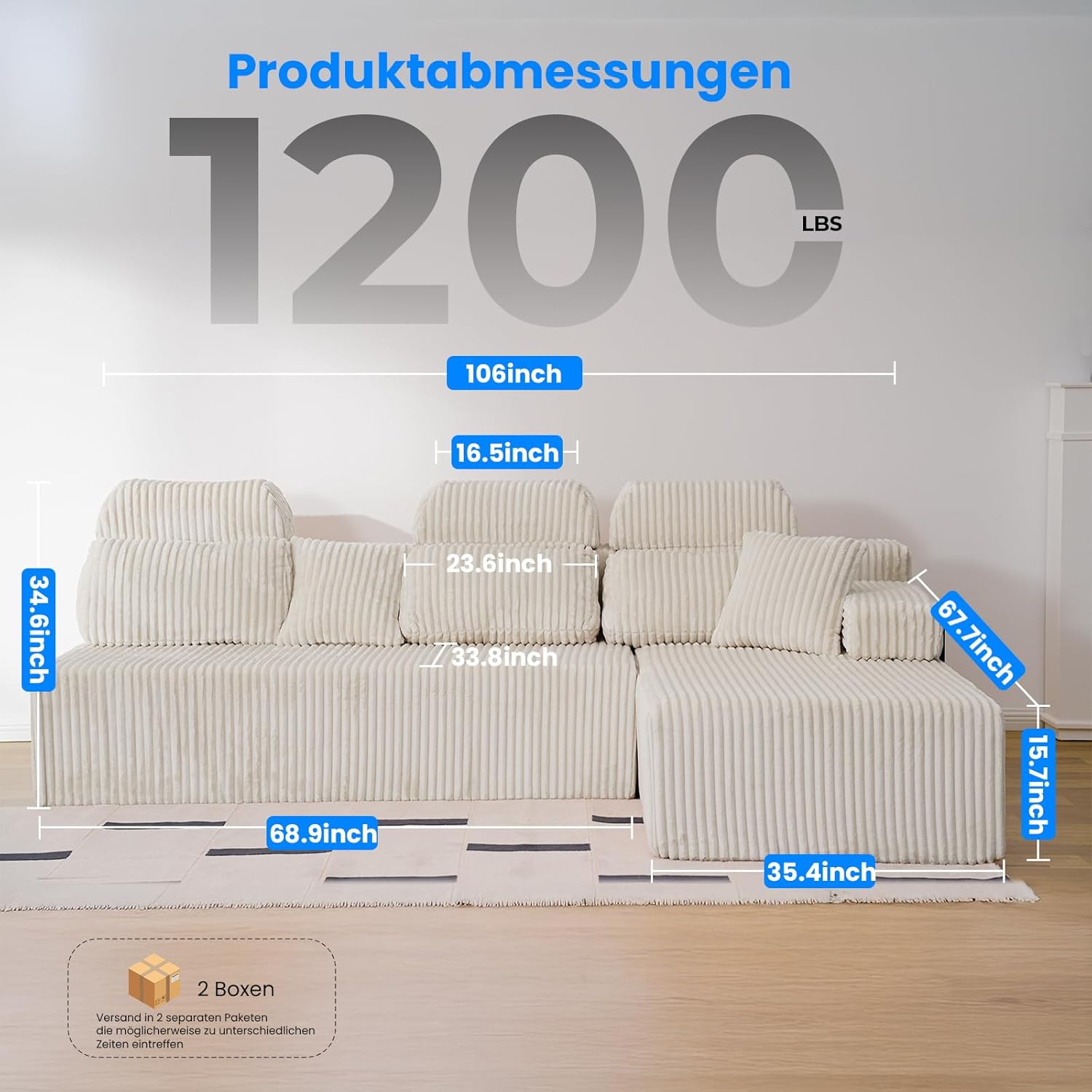 276cm Sofa mit hoher Rückenlehne, L-Form Schlafsofa aus Cordstoff, 3-Sitzer mit Ottomane Links oder rechts, Relaxsofa für Wohnzimmer, freistehend, Keine Montage(Weiß)