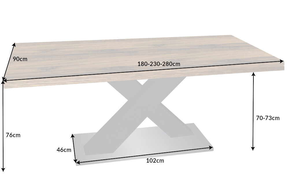 Ausziehbarer Esstisch MONTREAL 180-280cm natur Plankeneiche Holz-Design Schwarzstahl