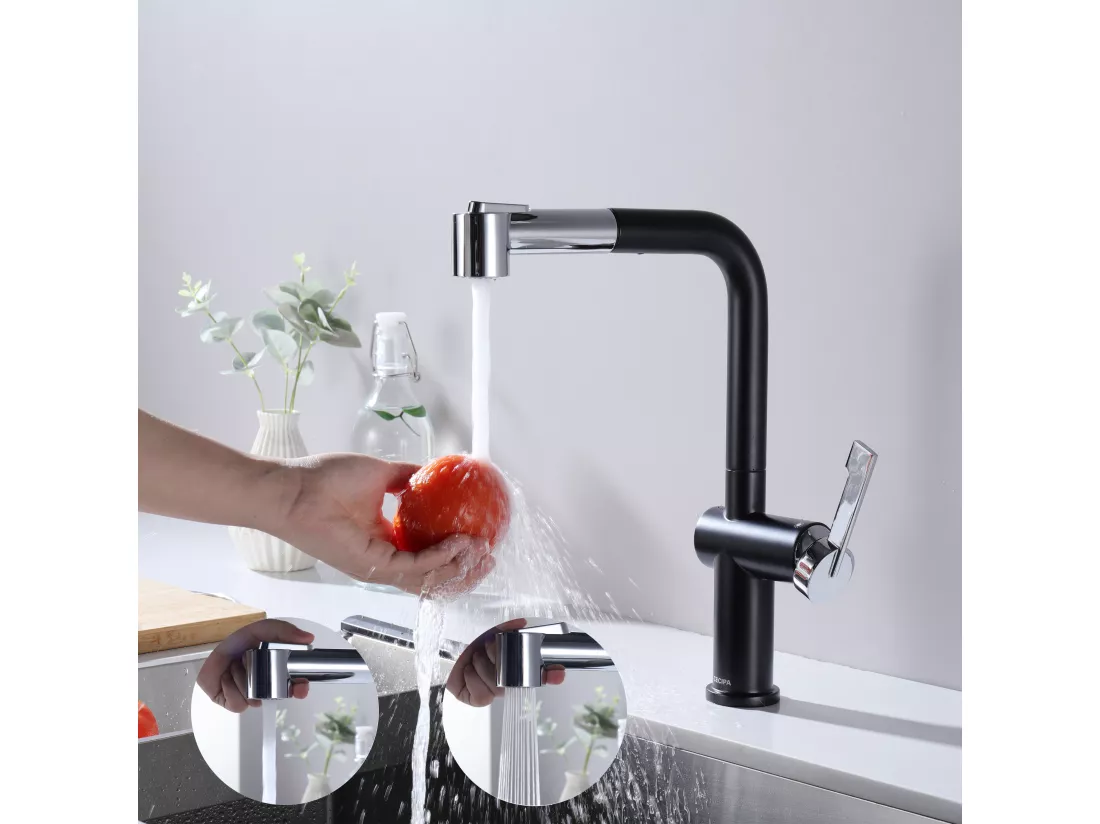 Cecipa max Robinet de Cuisine Extractible, Mitigeur de Cuisine avec 2 modes de sortie d'eau, Robinet Cuisine 360 Rotatif, Noir + Galvanique,EU Modèle