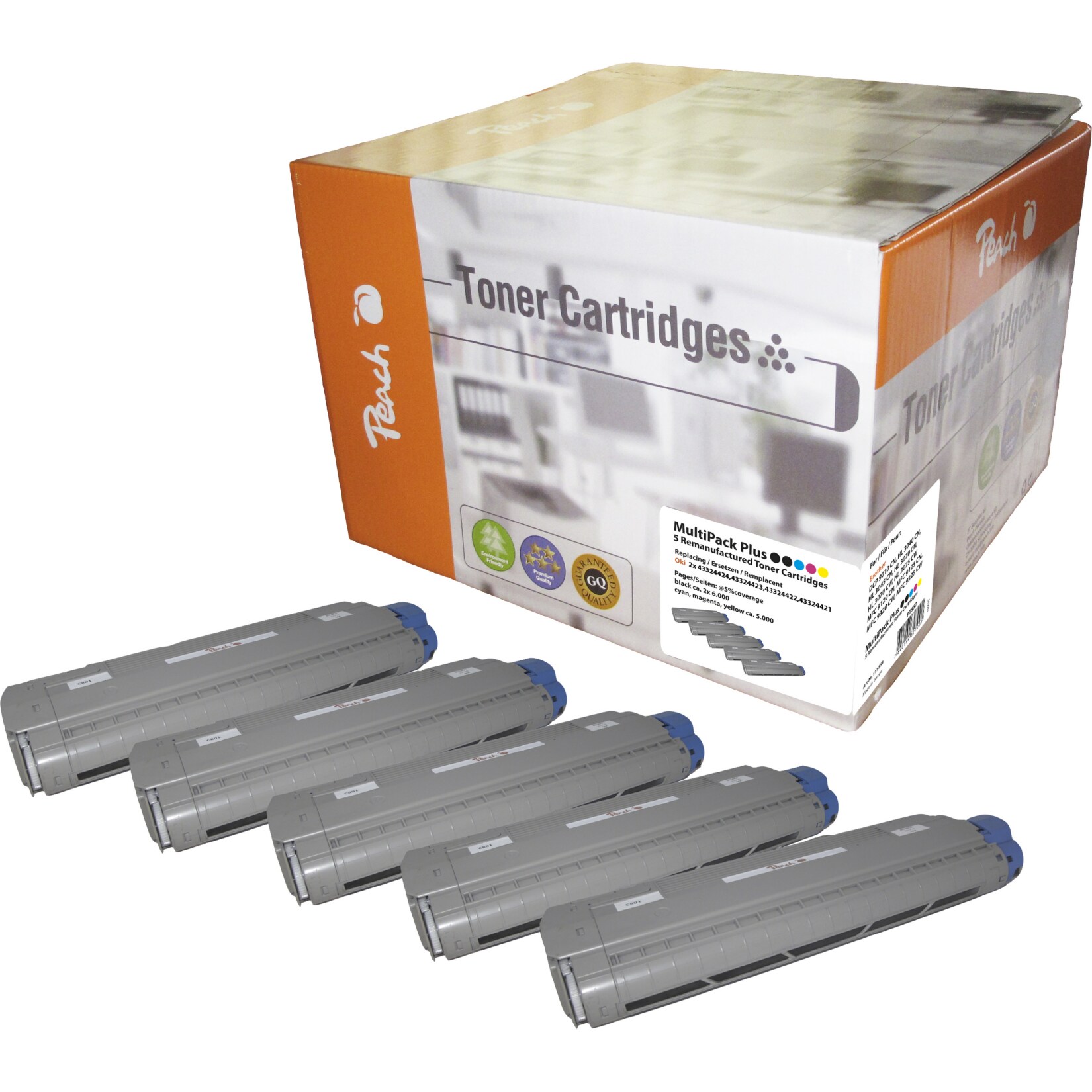 Peach O4332/36/38 5 Toner (2*bk, c/m/y) ersetzt OKI 43324421, 43324422, 43324423, 43324424 für z.B. OKI C 5500 N, OKI C 5550 MFP, OKI C 5800 (wiederaufbereitet)