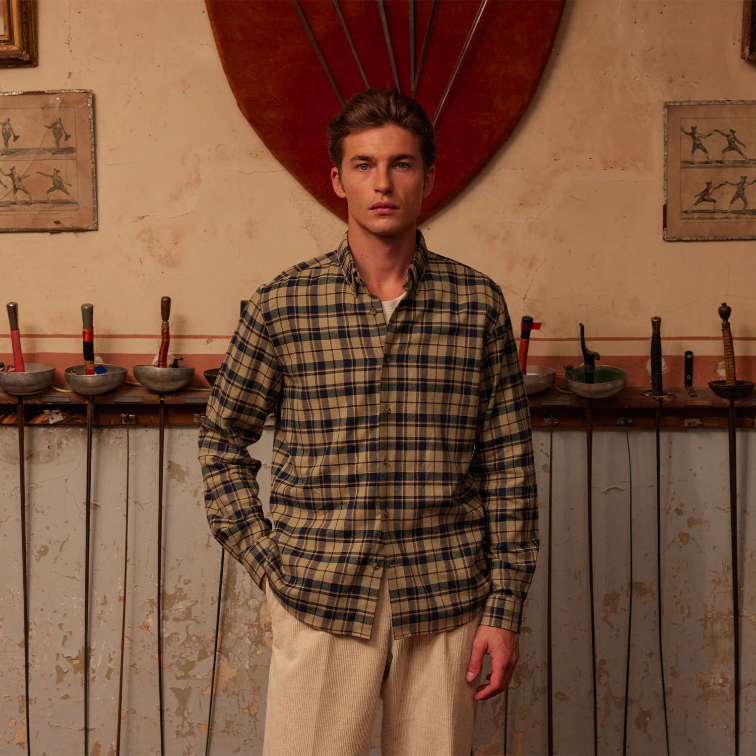 Beige checked flannel shirt