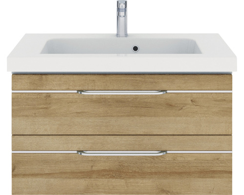 Pelipal Sunline 108 badkamermeubelset, BxHxD 92 x 200 x 50,8 cm, frontkleur: Riviera eiken, 3-delige badkamermeubelset met wastafel en badmeubel van wit mineraalmarmer, spiegelkast met LED-verlichting
