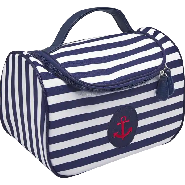 Beauty Case dunkelblau / weiss gestreift mit Anker