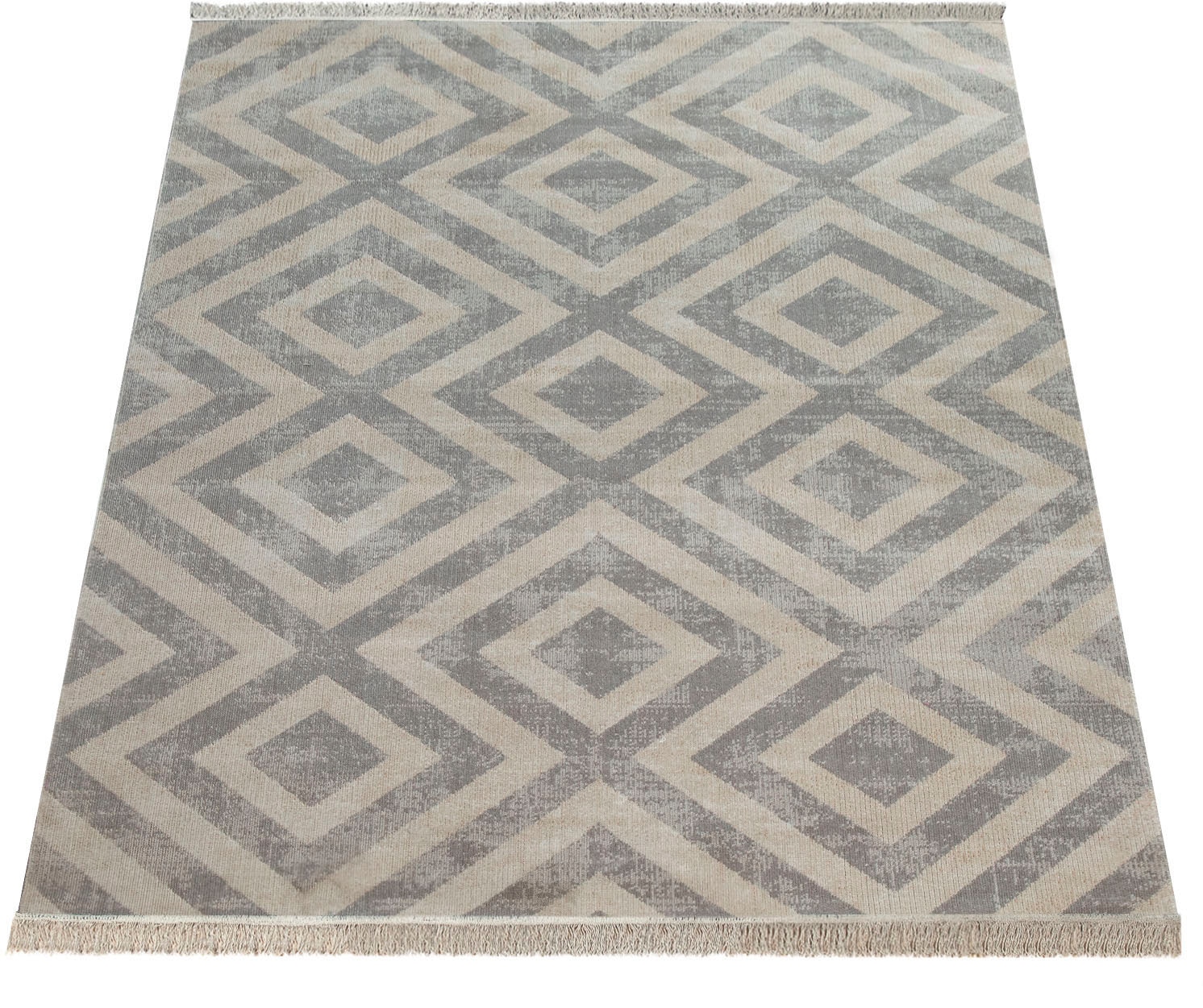 Paco Home Teppich »Poco 821« rechteckig 6 mm Höhe Kurzflor, Rauten Design, mit Fransen, In- und Outdoor geeignet