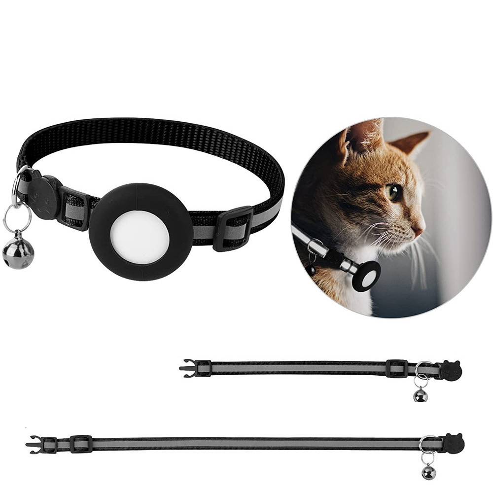 Katzen Halsband mit Apple AirTag Silikon Halterung   Reflektor / Glöckchen - Schwarz