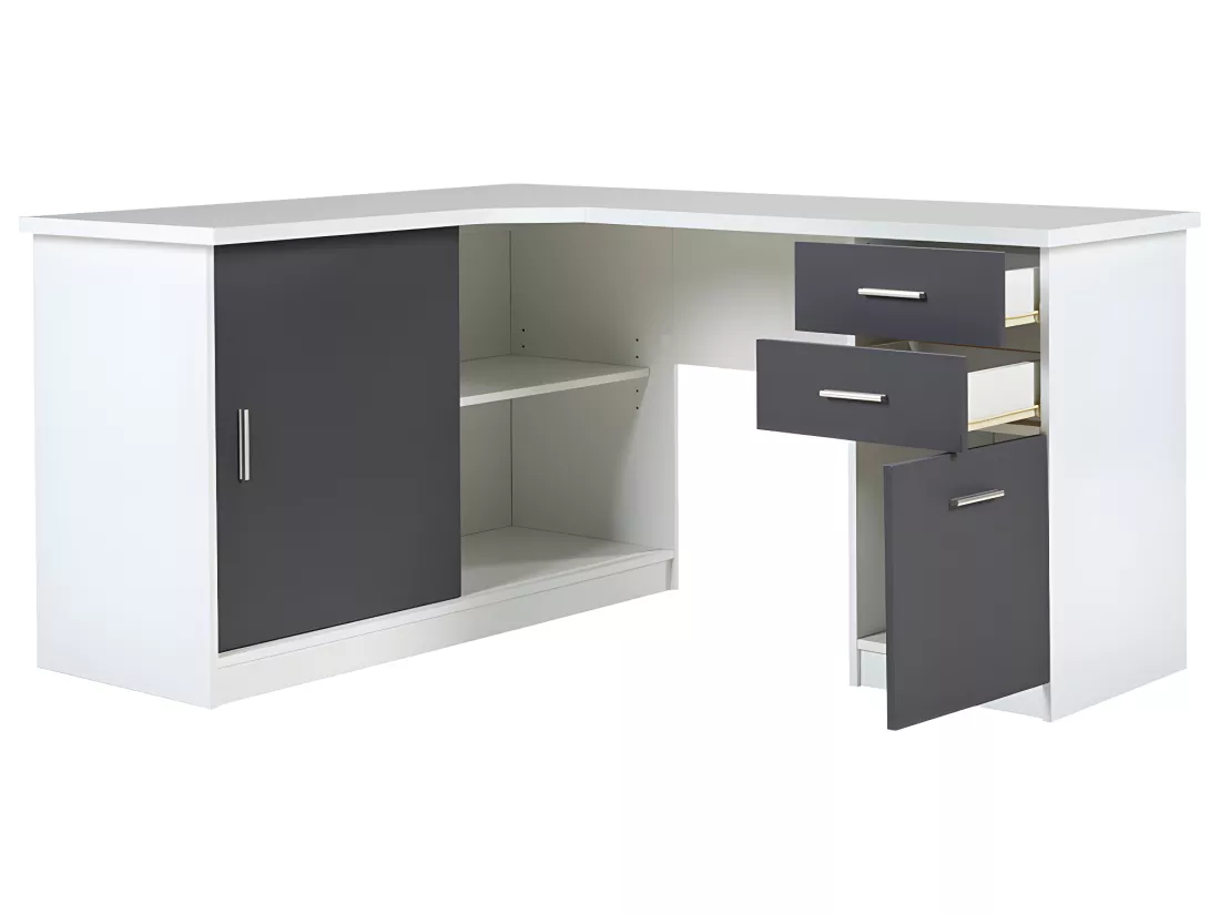 Bureau d'angle NORWY - 2 portes & 2 tiroirs - Blanc & Gris