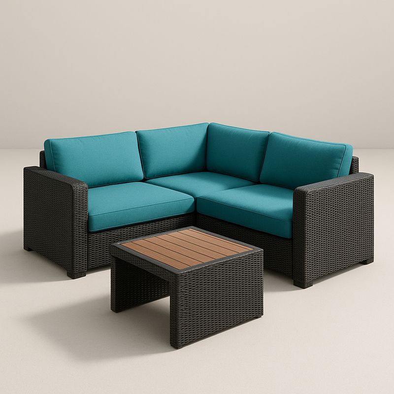 Ecksofa Set aus Polyrattan mit Teak-Tischplatte und Kissen in Türkis