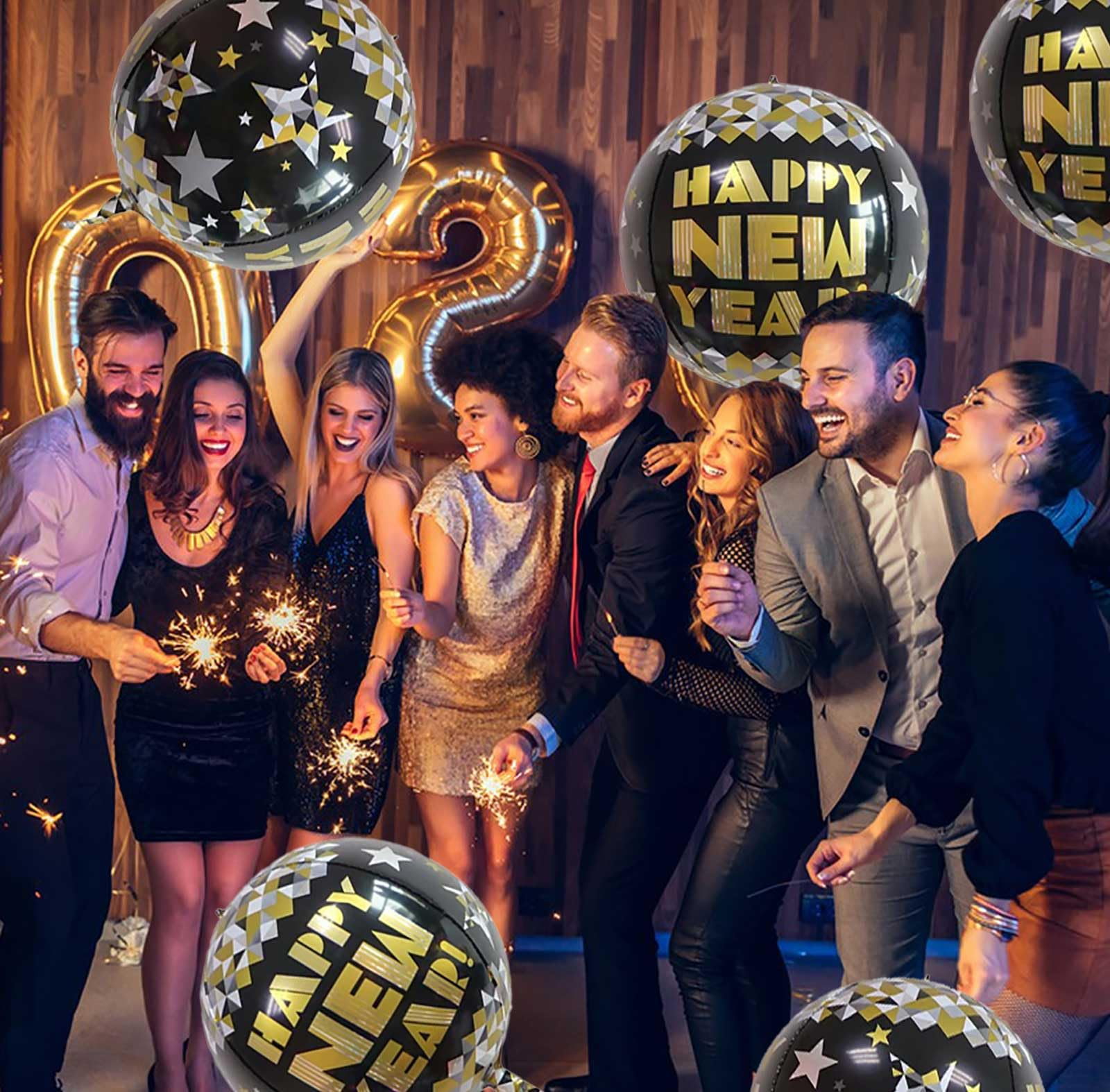 (10er Set) Silvester Party Deko Folien Ballon Happy New Year Luftballon - Schwarz / Gold