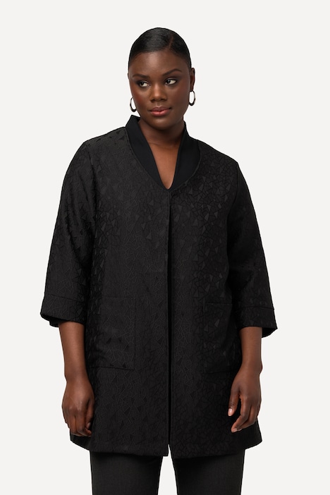 Brokat-Jacke, Hakenverschluss, V-Ausschnitt, 3/4-Arm
