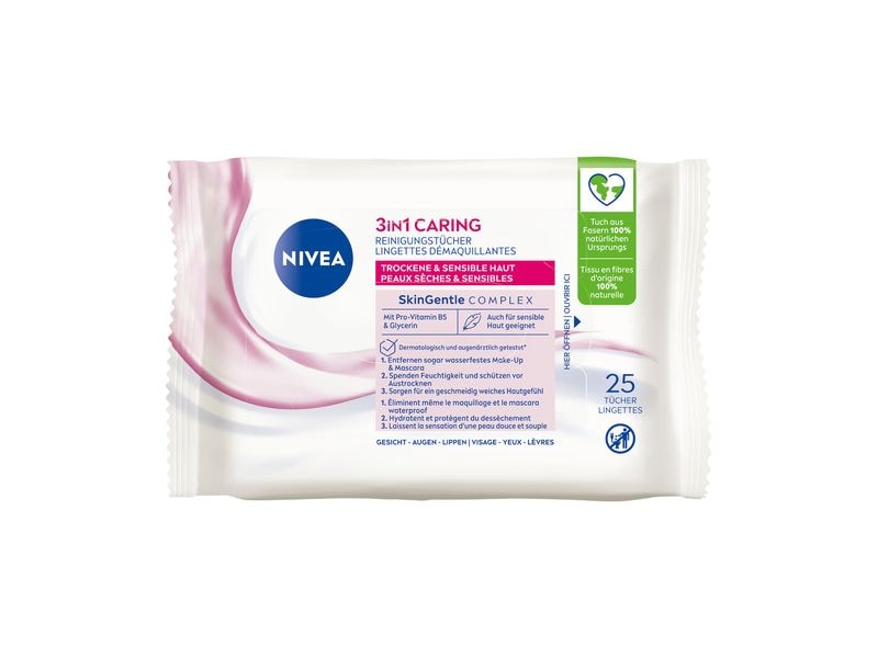 NIVEA Reinigungstücher 3-in-1 Pflegend 25 Stück Pflegende und milde Reinigungstücher mit Mandelöl und Hydra IQ