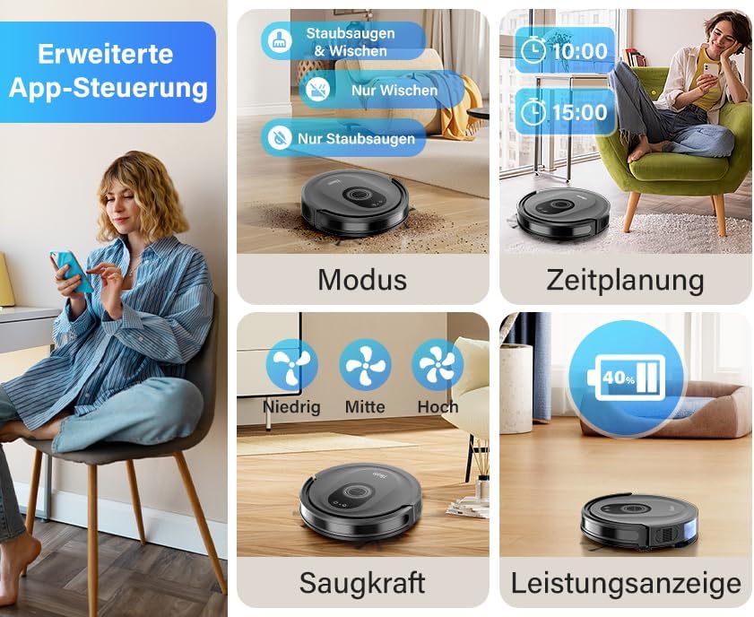 Tikom Saugroboter mit Wischfunktion 2 in 1, G8000 Max Staubsauger Roboter, 5000Pa Starke Saugkraft Roboterstaubsauger, Selbstaufladend, WLAN, 150Mins Max, Ideal für Tierhaare, Teppich, Hartboden