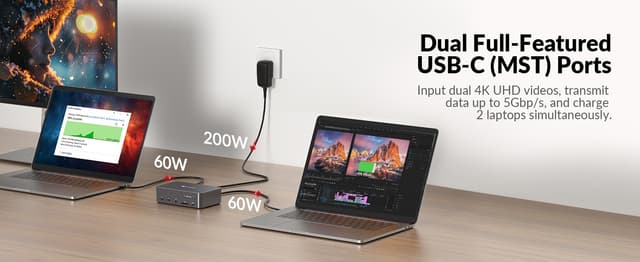 AV Access-dockingstation og KVM-switch 2 til 2 USB-C til HDMI, 4K60Hz, 6x USB-A, 1x USB-C PD 100W, 1x 3,5 mm AUX, 1x SD-kortlæser, 2x60W PD