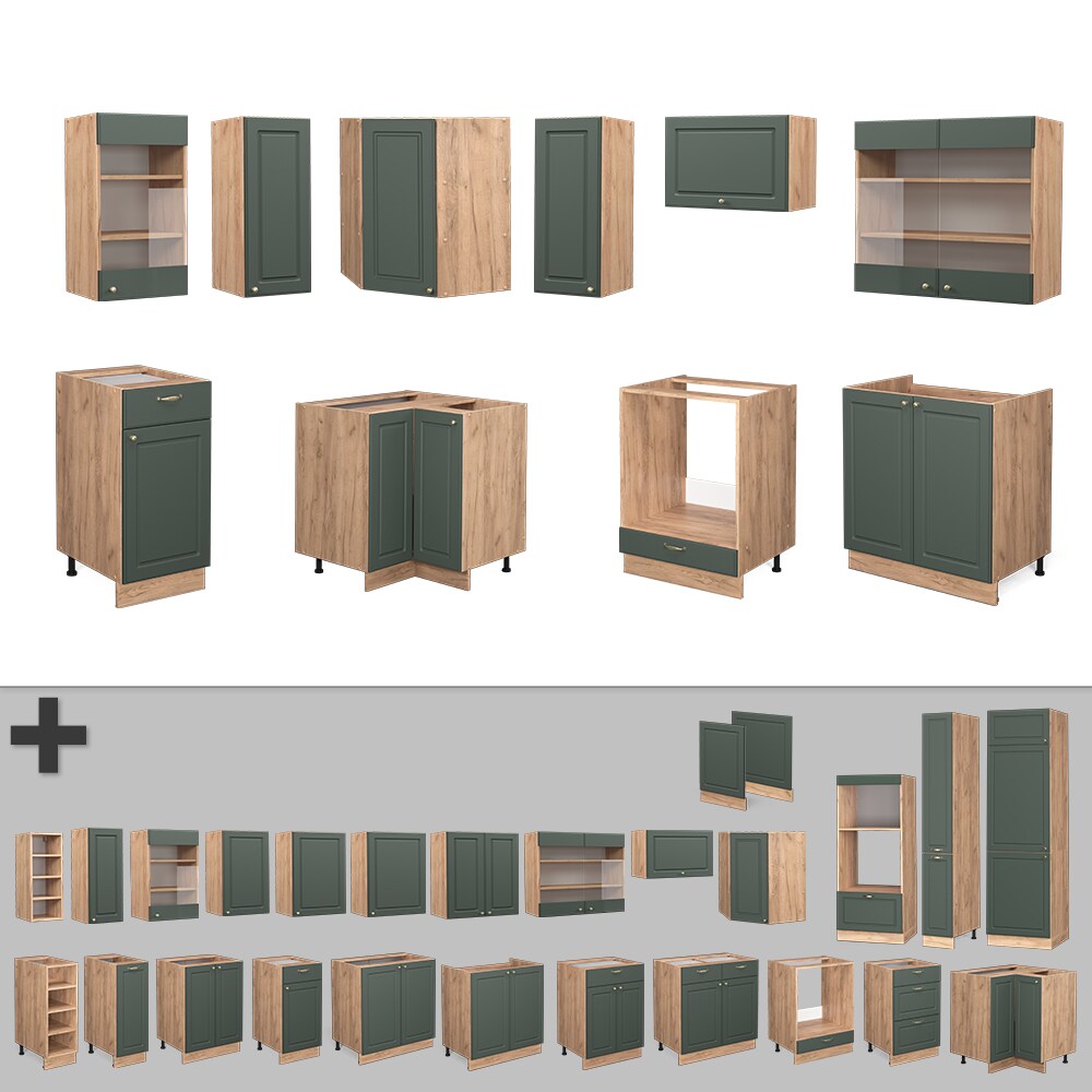 Vicco Eckküche Küchenzeile Einbauküche Fame-Line Landhaus Eiche Grün Gold 190 cm Schubunterschrank Spülenunterschrank Eckunterschrank Herdumbauschrank Hängeglasschrank Hängeschrank
