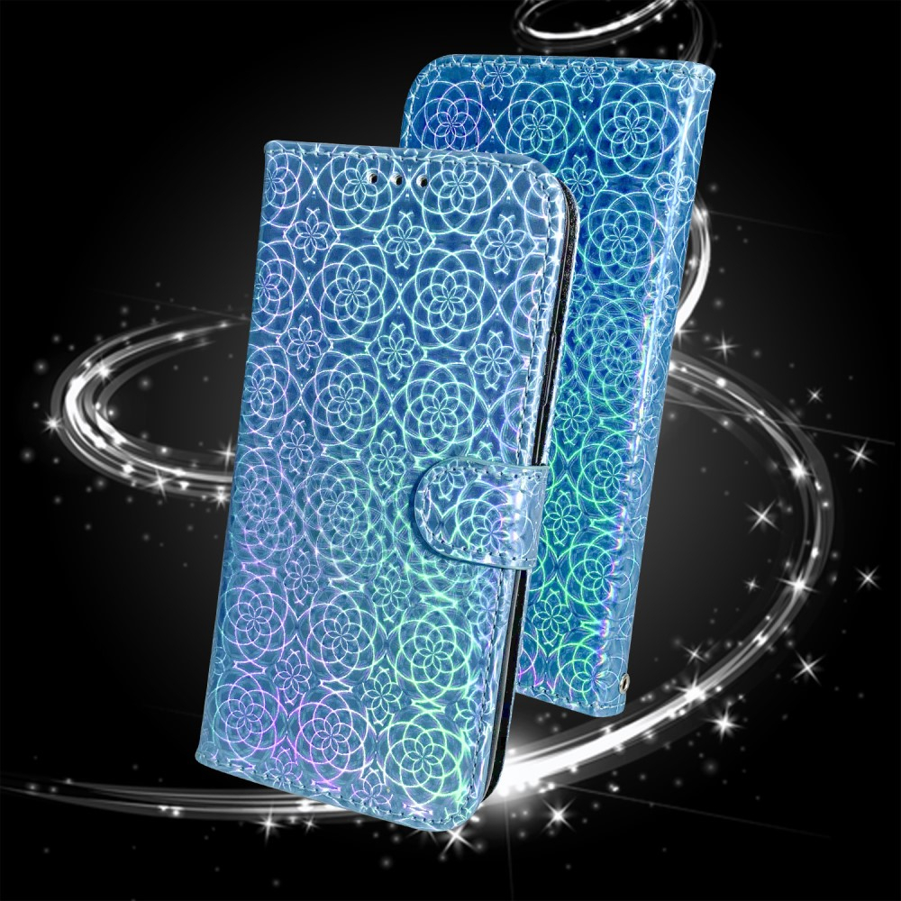 iPhone 13 Pro Leder Tasche Wallet mit Flower Laser Hologramm - Blau