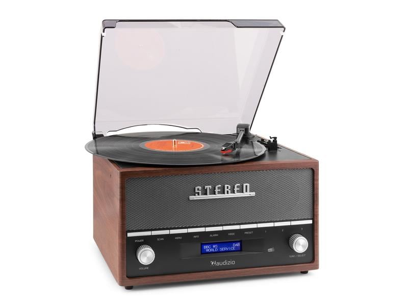 Audizio Plattenspieler mit Bluetooth Frisco Braun/Grau Plattenspieler mit Radio und Stereo-Lautsprechersystem