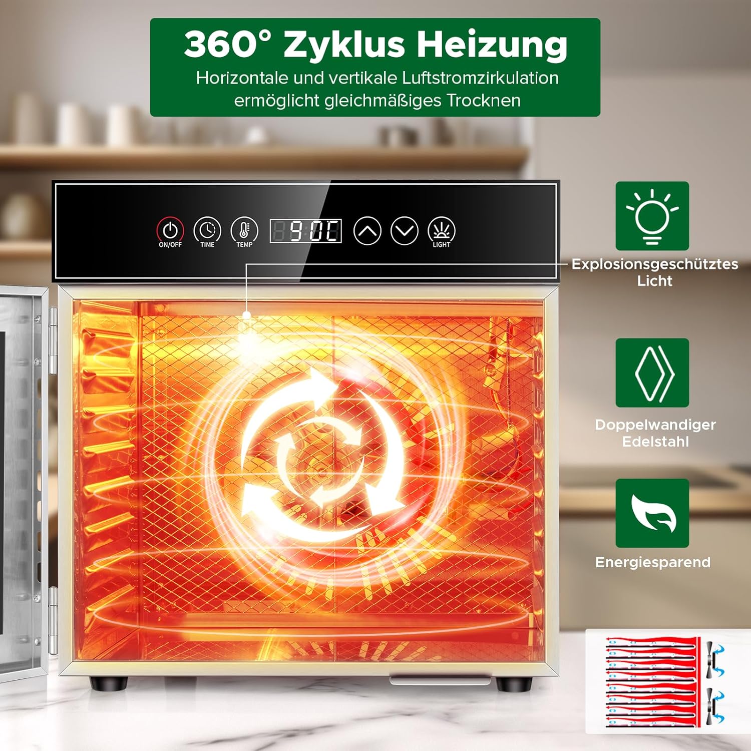 Kwasyo Dörrautomat Edelstahl 600W mit 8 Etagen, Profi Dörrgerät & Dörrautomaten Lebensmitteltrockner, Digitaler Timer, Temperaturregelung, Überhitzungsschutz, Rezeptbuch inklusive