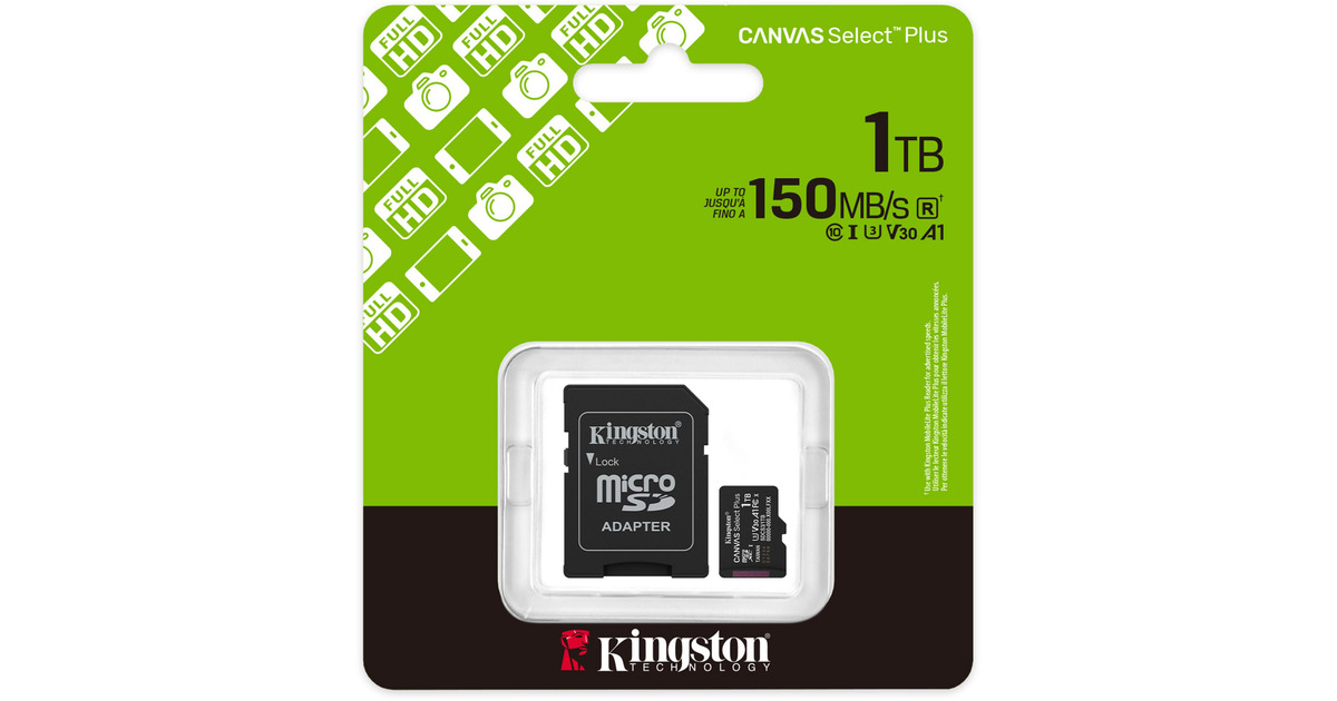 KingstonCanvas Select Plus 1 TB MicroSDXC geheugenkaart  (Zwart, UHS-I U3, Class 10, V30, Incl. SD Adapter)
