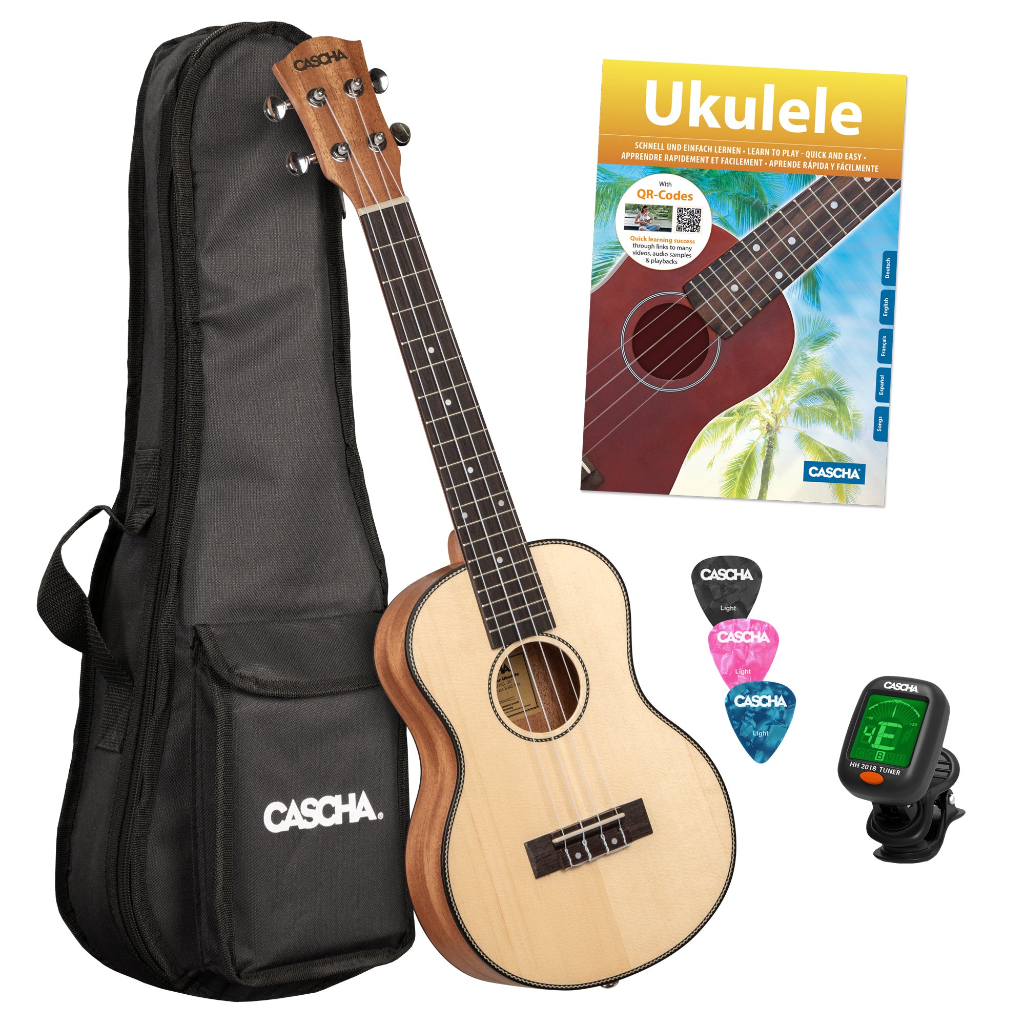 Cascha HH 2155 NL tenor ukelele massief spar bovenblad + gigbag, tuner, boek
