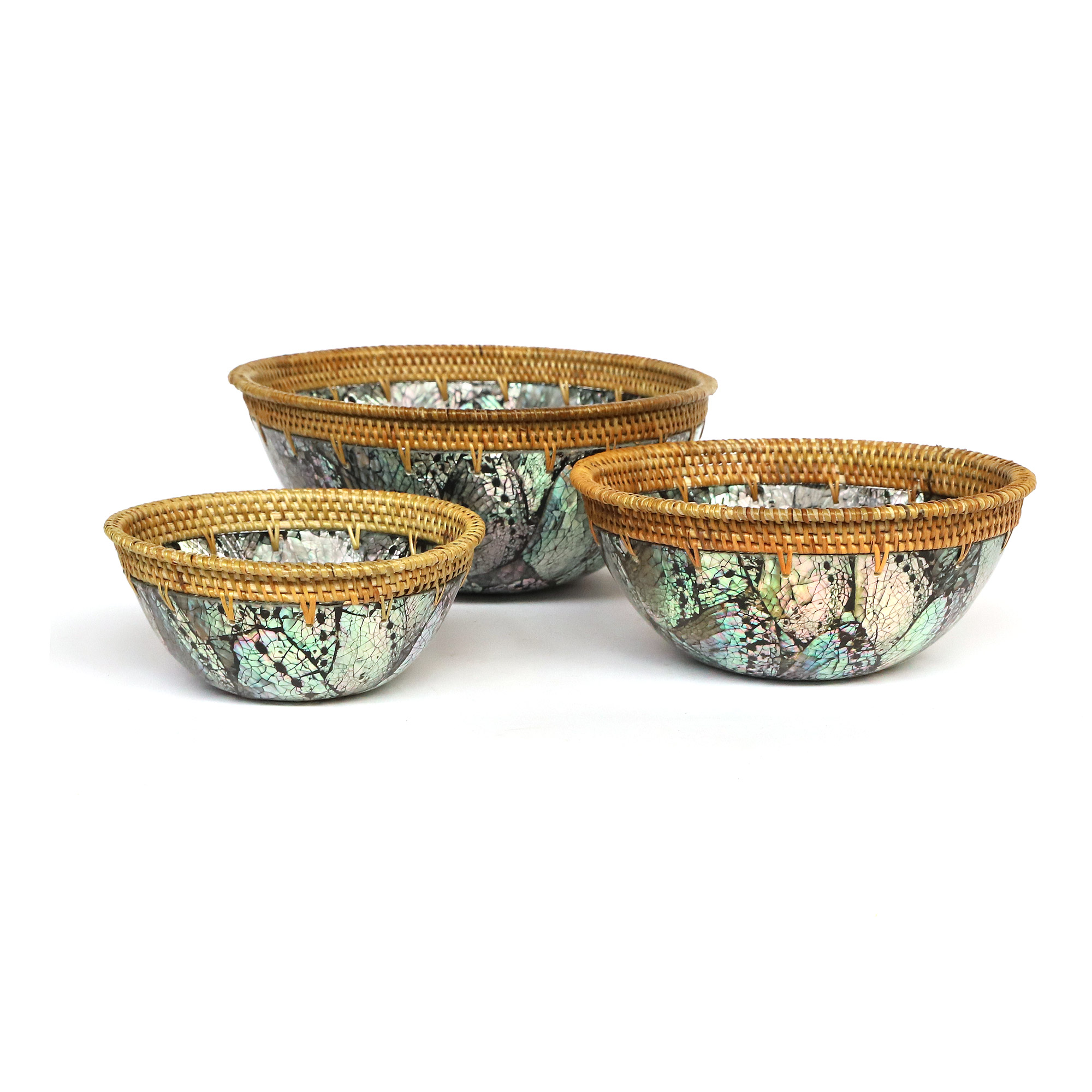 3er Set Schalen aus Perlmutt und Rattan, in 3 Größen von fischer's lagerhaus