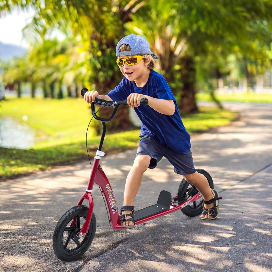 HOMCOM Kinderroller Anti-Rutsch Trittfläche, Metallfahrradständer zum Parken, rot