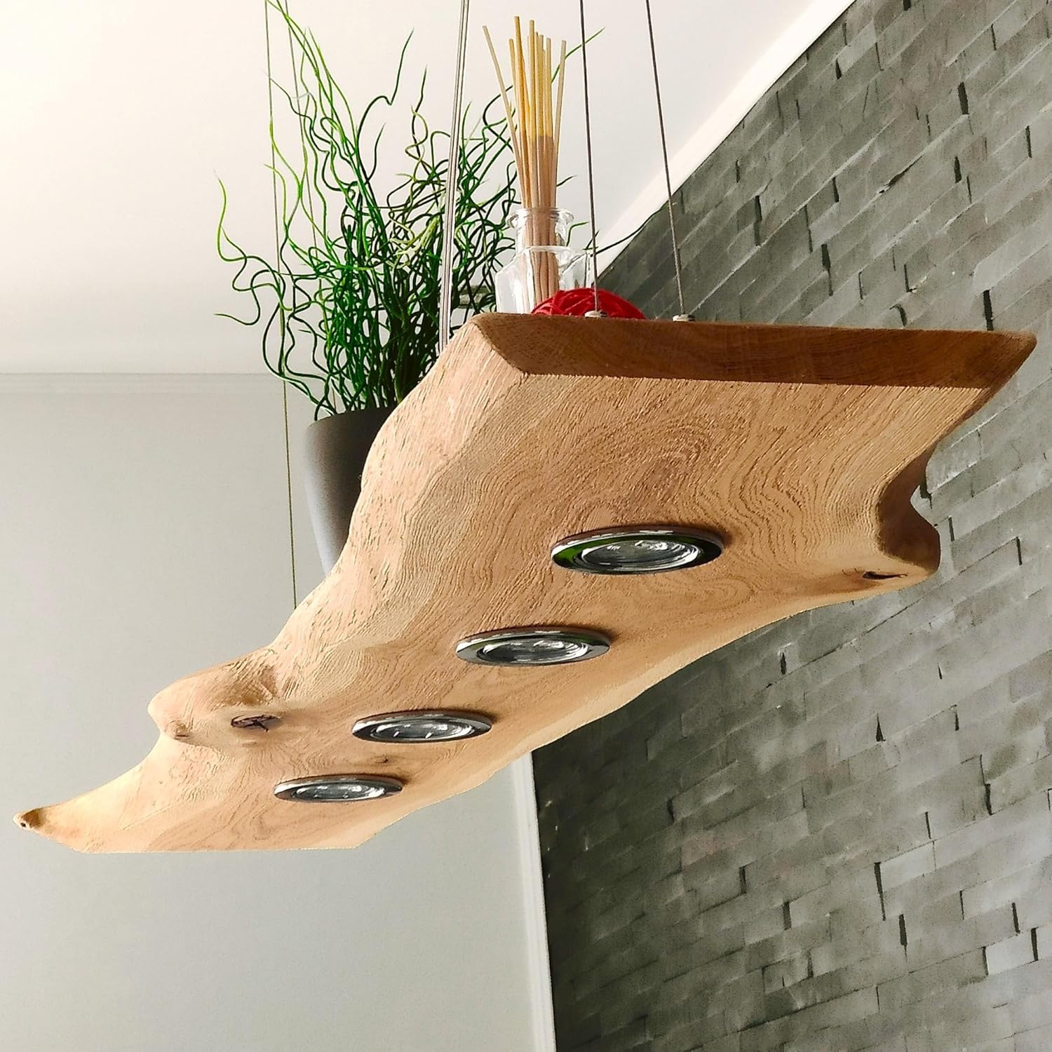 TESSA LED Esstischlampe Pendelleuchte Unikat Wildeiche Holz Hängelampe mit Baumkante Hängeleuchte Dimmbar ohne Dimmer Led Austauschbar Eiche geölt Massiv mit Baumkante (50 cm/2 Spots)