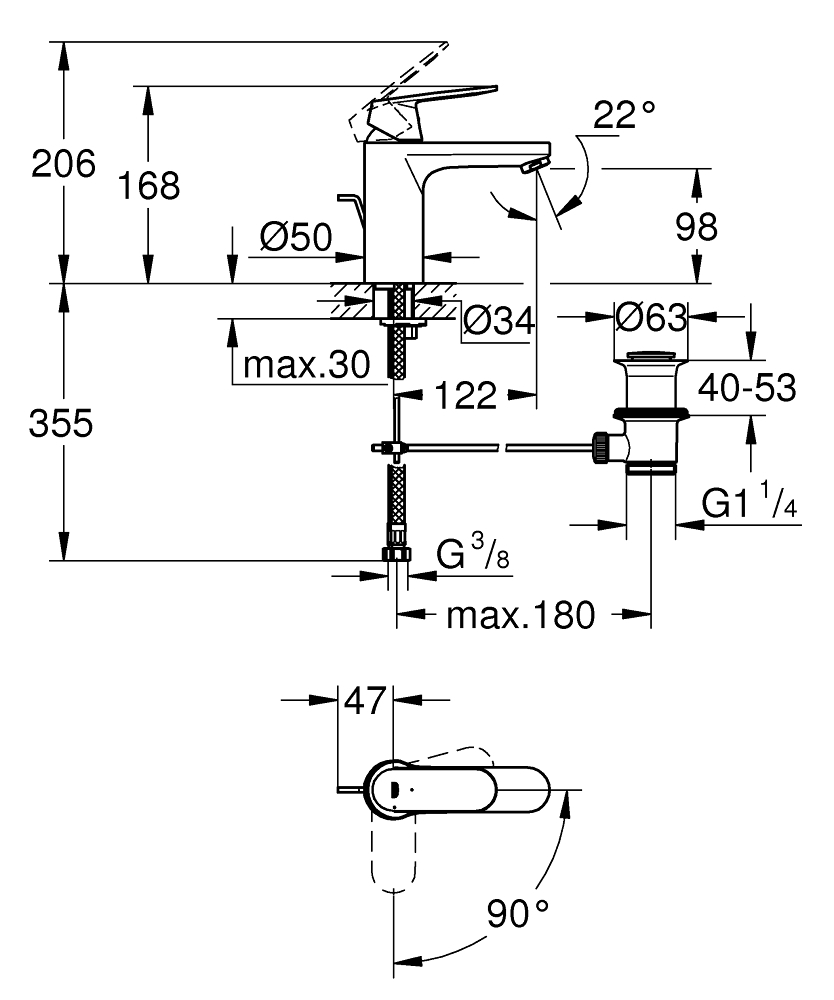 Grohe Eurosmart Cosmopolitan 1-gats wastafelkraan medium uitloop met waste chroom