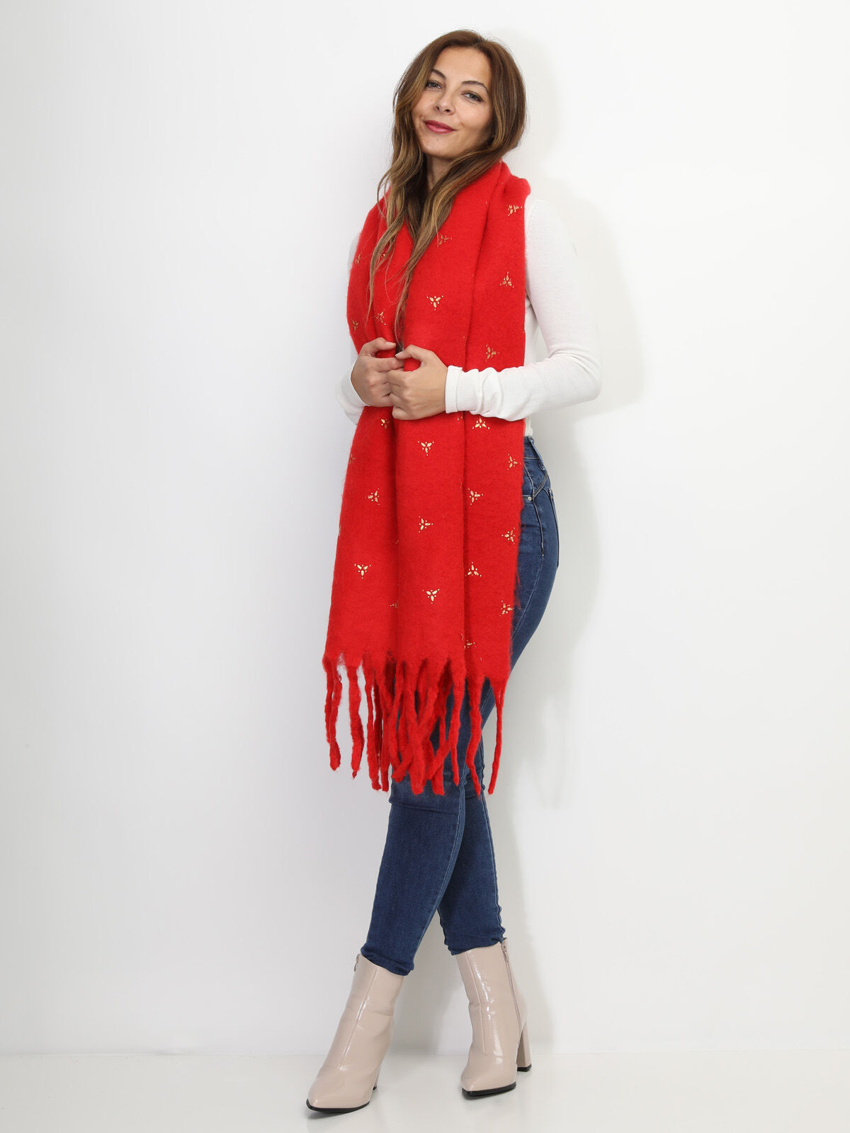 Écharpe duveteuse à motif doré- Rouge