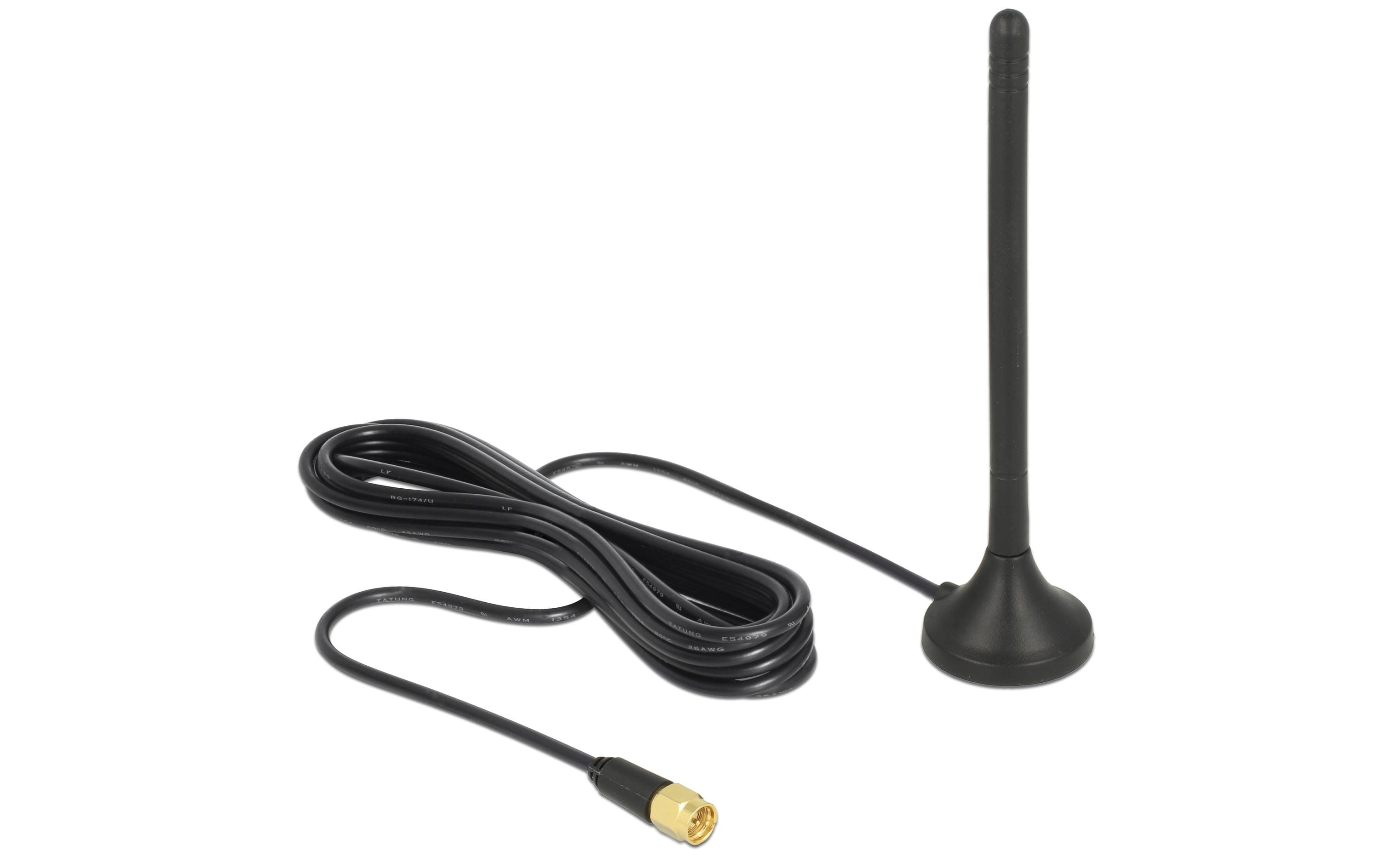 LTE-Antenne SMA 0.8-2.1GHz 12 cm SMA 2.5 dBi RundstrahlDelock LTE / GSM / UMTS Antenne SMA Stecker 2.5 dBi starr omnidirektional mit magnetischem Standfuss und Anschlusskabel RG-174 3 m outdoor schwarz